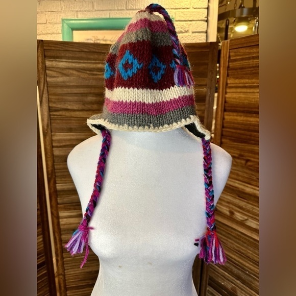 Nepal 100% Wool Knit Stripped Earflap Beanie Ski Hat Cap Fleece Lined Geometric - Picture 2 of 8